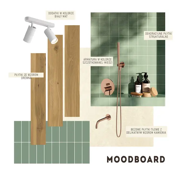Moodboard łazienki z zielonymi płytkami strukturalnymi, drewnem i miedzianą armaturą